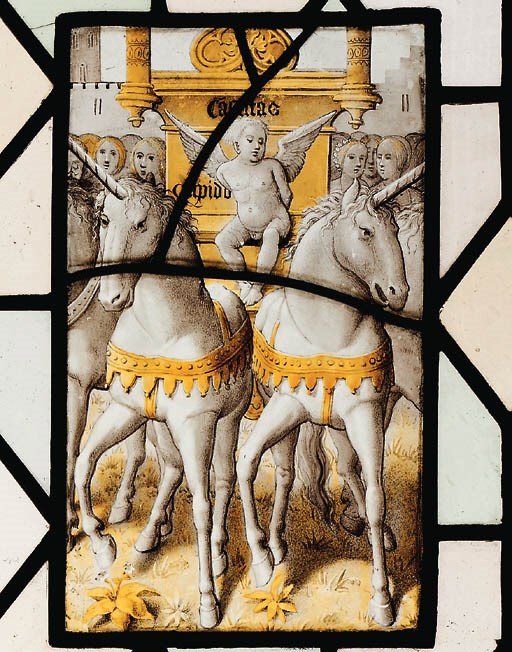 A RECTANGULAR STAINED GLASS PANEL INCORPORATING ELEMENTS DEPICTING MAINLY SECULAR SCENES