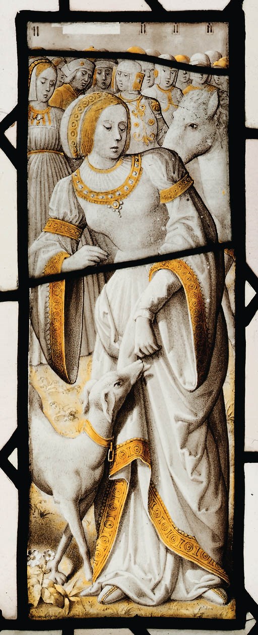 A RECTANGULAR STAINED GLASS PANEL INCORPORATING ELEMENTS MAINLY DEPICTING RELIGIOUS SCENES