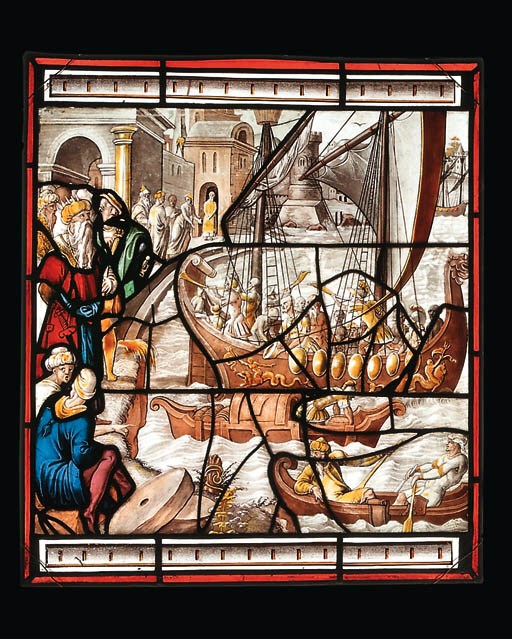 A RECTANGULAR STAINED GLASS PANEL DEPICTING A PORT SCENE