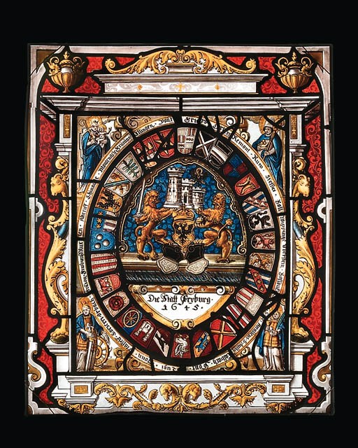 A RECTANGULAR STAINED GLASS PANEL DEPICTING AN ARMORIAL CARTOUCHE FOR THE CITY OF FRIBOURG