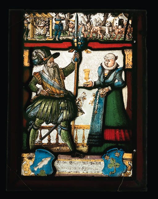 A RECTANGULAR STAINED GLASS MARRIAGE PANEL