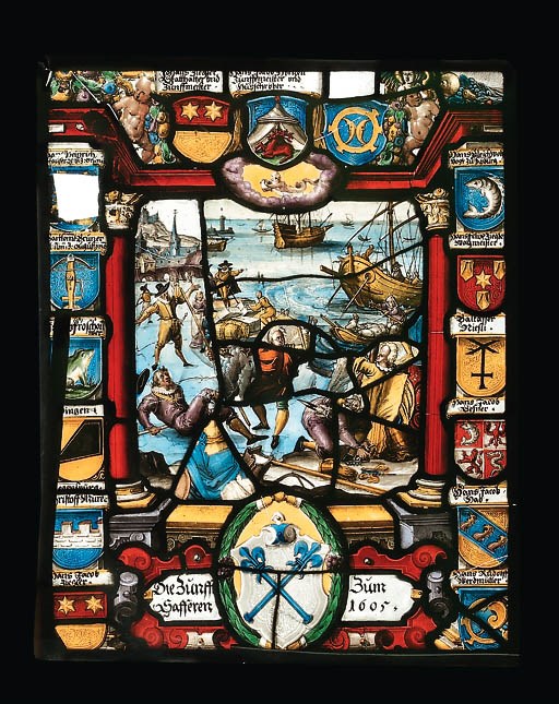 A RECTANGULAR STAINED GLASS PANEL DEPICTING A HARBOUR SCENE
