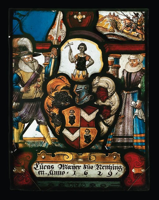 A RECTANGULAR STAINED GLASS MARRIAGE PANEL