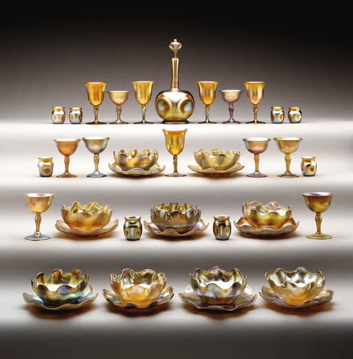 A FAVRILE GLASS DECANTER AND CORDIAL SET