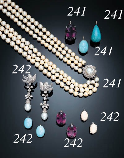 A PAIR OF DIAMOND AND CULTURED PEARL EAR PENDANTS WITH GEM-SET PENDANTS