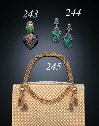 AN ELEGANT PAIR OF ART DECO CARVED JADE, SIMULATED DIAMOND AND DIAMOND EAR PENDANTS
