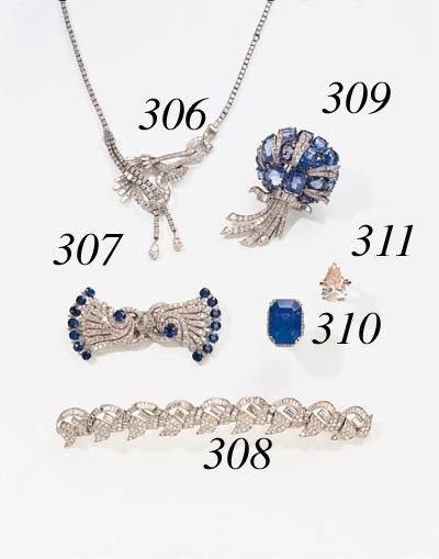 A DIAMOND, SAPPHIRE AND SIMULATED SAPPHIRE DOUBLE CLIP BROOCH