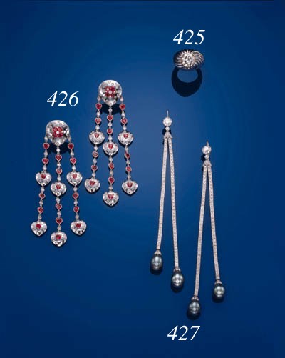 A PAIR OF DIAMOND AND TAHITIAN BLACK CULTURED PEARL EAR-PENDANTS