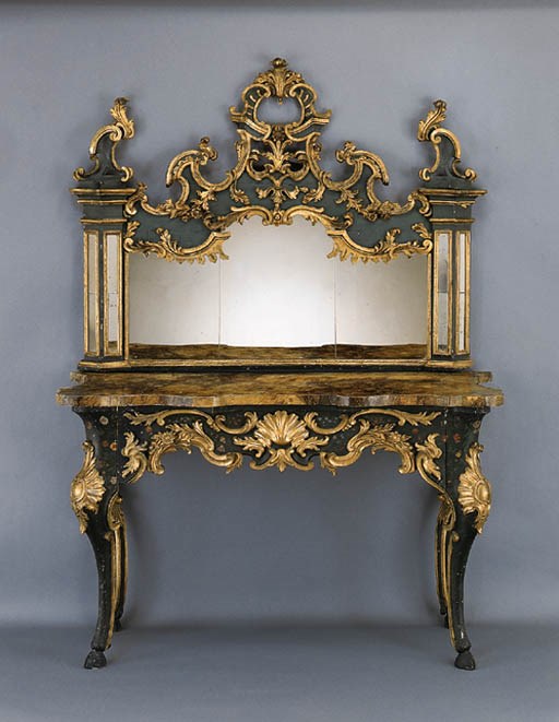 AN ITALIAN ROCOCO GREEN-PAINTED, POLYCHROME-DECORATED AND PARCEL-GILT CONSOLE TABLE AND ASSOCIATED MIRROR