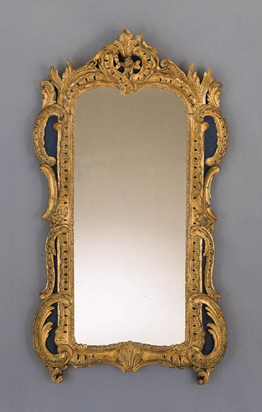 A LOUIS XV GILTWOOD AND BLUE-PAINTED MIRROR