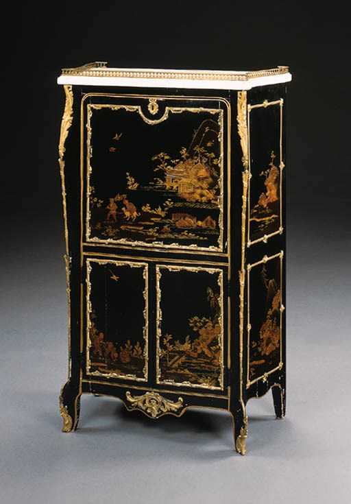 A LOUIS XV ORMOLU-MOUNTED GILT AND BLACK-LACQUER SECRETAIRE A ABATTANT