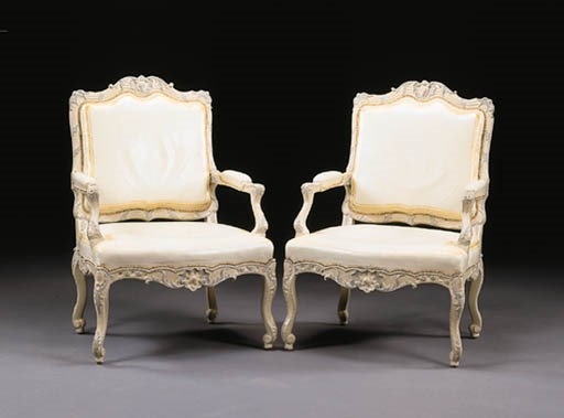 A PAIR OF LOUIS XV CREAM AND GREY-PAINTED FAUTEUILS A LA REINE
