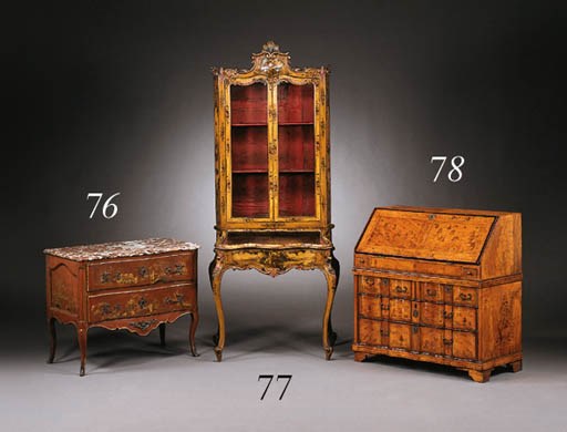 A GERMAN BAROQUE FRUITWOOD AND MARQUETRY BUREAU
