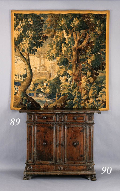 A FLEMISH BAROQUE VERDURE TAPESTRY FRAGMENT