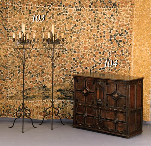 A PAIR OF FRENCH GOTHIC STYLE WROUGHT-IRON FIVE-LIGHT STANDING TORCHERES*