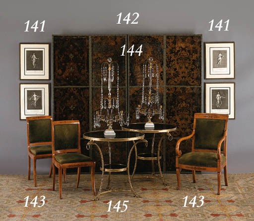 A PAIR OF CONTINENTAL NEOCLASSIC STYLE ORMOLU, CUT-GLASS, AMETHYST GLASS AND WHITE MARBLE TWO-LIGHT CANDELABRA
