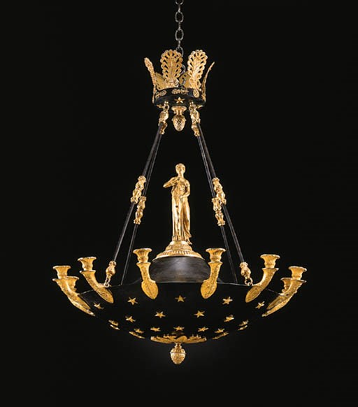AN EMPIRE STYLE ORMOLU AND PATINATED BRONZE TWELVE-LIGHT CHANDELIER