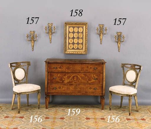 AN ITALIAN NEOCLASSIC STYLE WALNUT AND MARQUETRY COMMODE