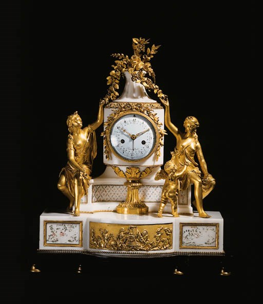 A LATE LOUIS XVI ORMOLU AND WHITE MARBLE MANTEL CLOCK