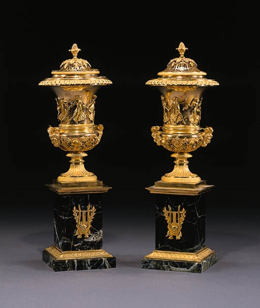 A PAIR OF FRENCH ORMOLU AND VERDE ANTICO MARBLE BRLE PARFUMS