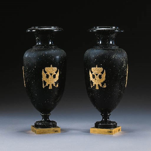 A PAIR OF RUSSIAN NEOCLASSIC ORMOLU-MOUNTED BLACK MARBLE URNS