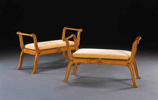 A PAIR OF RESTAURATION INLAID ASH BANQUETTES