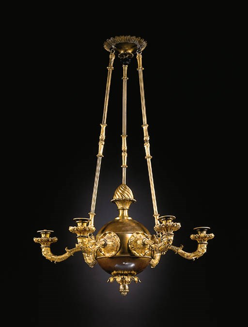 A LOUIS-PHILIPPE ORMOLU AND PATINATED BRONZE SIX-LIGHT CHANDELIER