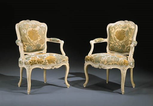 A SET OF SIX LOUIS XV GREY-PAINTED FAUTEUILS EN CABRIOLET