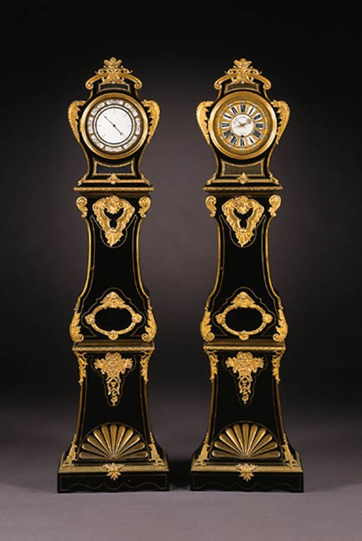 A LOUIS XV STYLE ORMOLU-MOUNTED EBONIZED LONGCASE CLOCK AND MATCHING BAROMETER