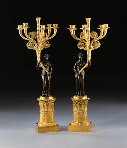 A PAIR OF CONTINENTAL ORMOLU AND PATINATED BROZE SIX-LIGHT CANDELABRA
