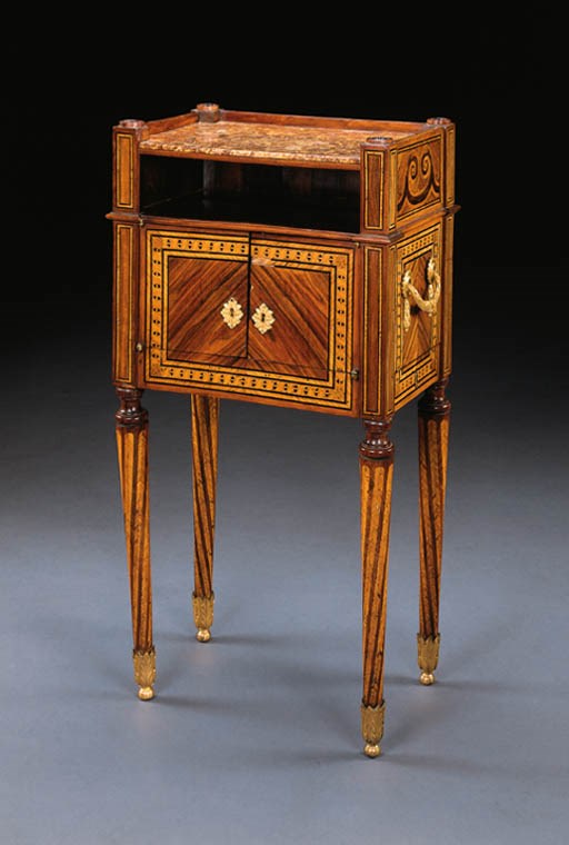 AN ITALIAN NEOCLASSIC ORMOLU-MOUNTED ROSEWOOD, WALNUT AND PARQUETRY COMMODINO