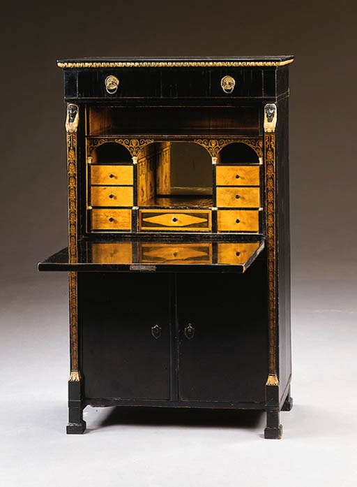 AN AUSTRIAN NEOCLASSIC, EBONIZED PARCEL-GILT SATINWOOD AND PENWORK-DECORATED SECRETAIRE