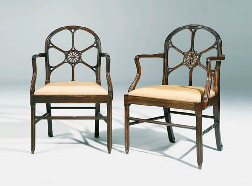 A PAIR OF GEORGE III MAHOGANY OPEN ARMCHAIRS
