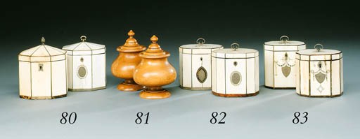 TWO GEORGE III WHITE METAL-MOUNTED, IVORY AND TORTOISESHELL TEA-CADDIES