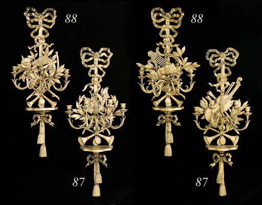 A PAIR OF GILTWOOD FOUR-BRANCH WALL LIGHTS