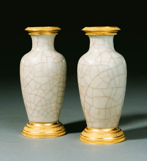 A PAIR OF ORMOLU-MOUNTED GUAN-TYPE CELADON VASES