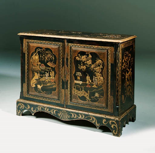A BLACK, POLYCHROME AND GILT-JAPANNED SIDE CABINET