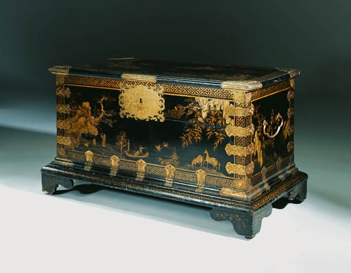 A GEORGE I BRASS-MOUNTED BLACK AND GILT-JAPANNED COFFER-ON-STAND