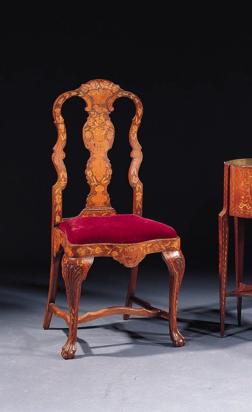 A set of six Dutch walnut and marquetry dining-chairs