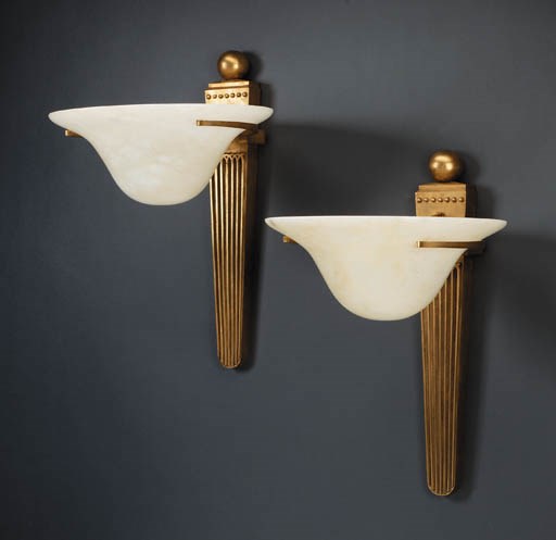 A PAIR OF GILT BRONZE AND ALABASTER WALL LIGHTS