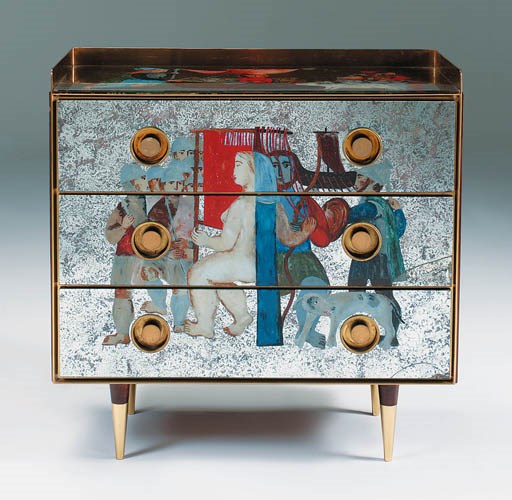 A painted mirror-glass chest of drawers