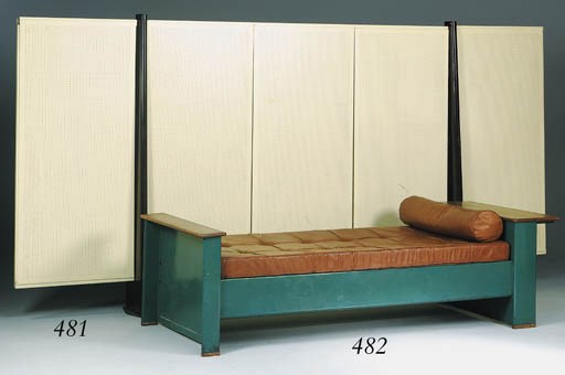 A lacquered metal and oak day bed