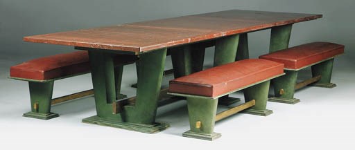 A large patinated metal and marble table and four benches en suite