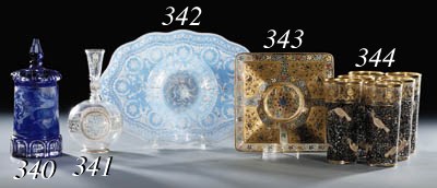 A Bohemian blue overlay engraved glass tankard and cover