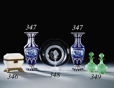 A pair of Bohemian double-overlay cut and engraved vases