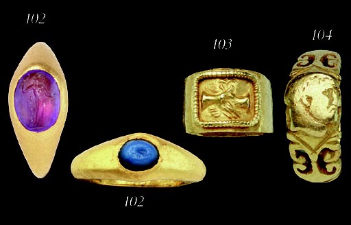 TWO ROMAN GOLD AND STONE FINGER RINGS