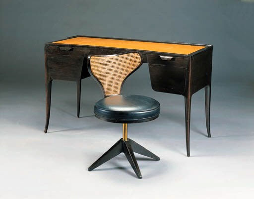 A WALNUT DESK AND UPHOLSTERED WALNUT CHAIR