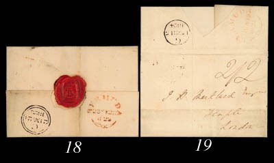cover 1822 (23 Feb.) entire to London, rated "4/4" and showing, on reverse, a fine strike in red alongside arrival c.d.s. for 21 May. Photo