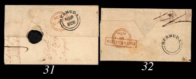 cover 1839 (10 Jan.) entire (right-hand flap missing) to London, rated "2/2" and showing, on reverse, a superb undated strike alongside faint fleuron PM2 d.s. (just affected by excising seal) and London framed "PACKET LETTER" overcancelled with arrival c.d.s. for 1 March. The only undated example recorded. Photo