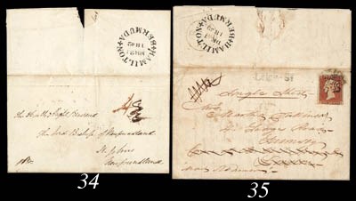 cover 1842 (28 Mar.) entire to the Lord Bishop of Newfoundland at St. John's, rated "5½" ? (deleted) and "4" and showing, on reverse, a superb strike. Photo